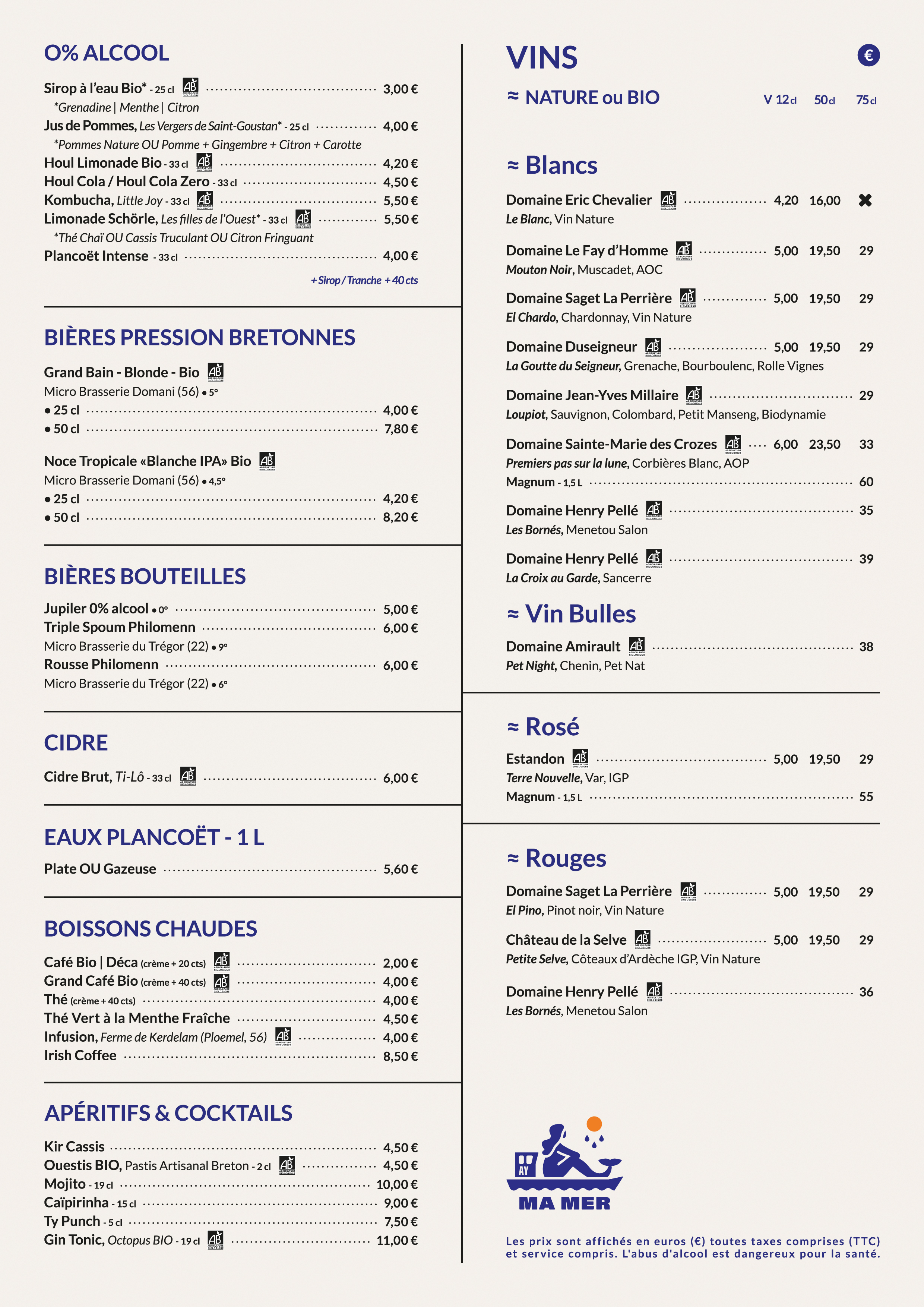 Carte des boissons et vins vivants naturels Ma Mer Auray