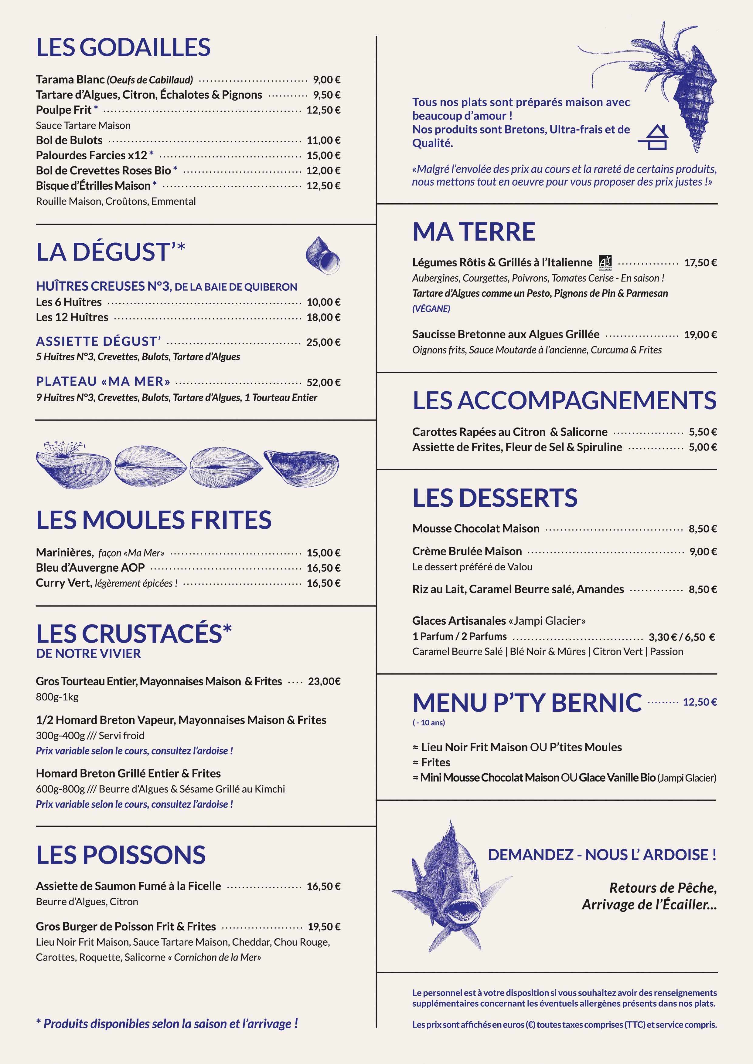 Menu du jour ardoise restaurant Ma Mer Auray